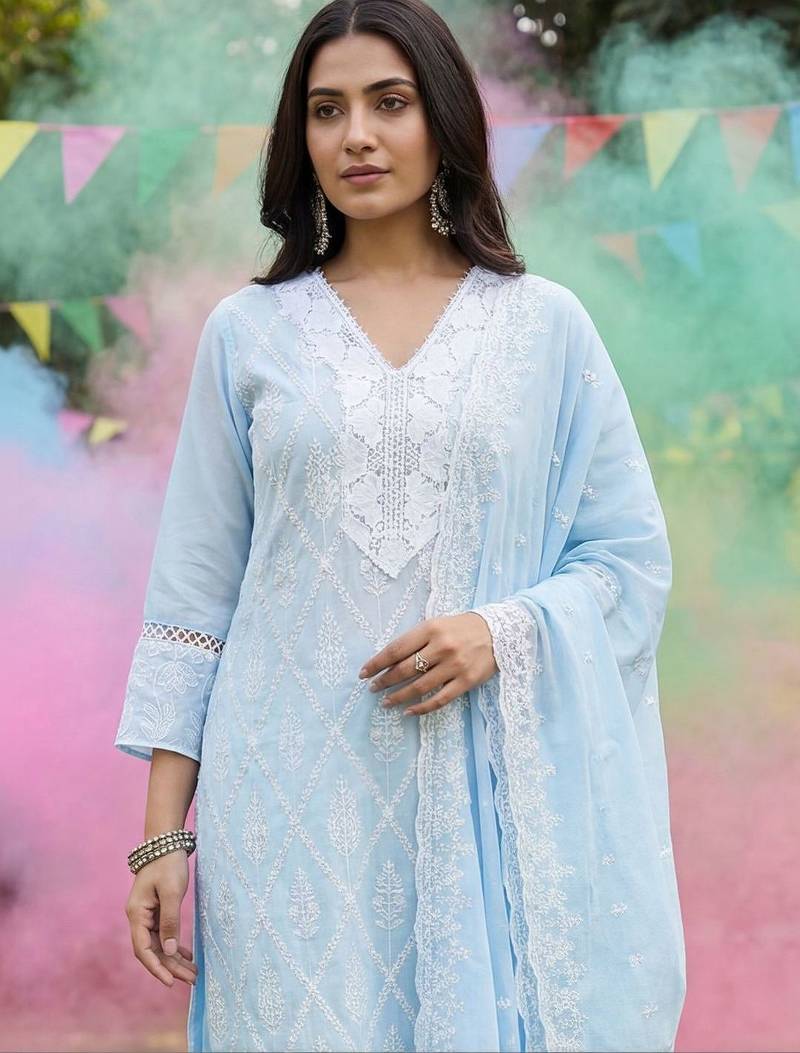 Women Ethnic Motifs Embroidered Regular Thread Work Pure Cotton Kurta with Trousers & With Dupatta