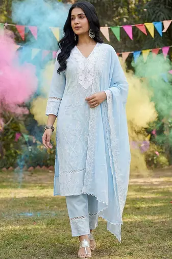 Women Ethnic Motifs Embroidered Regular Thread Work Pure Cotton Kurta with Trousers & With Dupatta
