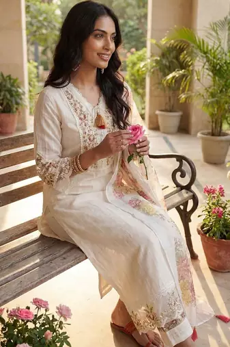 Women Floral Embroidered Regular Thread Work Linen Kurta with Trousers & With Dupatta