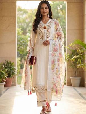 Women Floral Embroidered Regular Thread Work Linen Kurta with Trousers & With Dupatta 2
