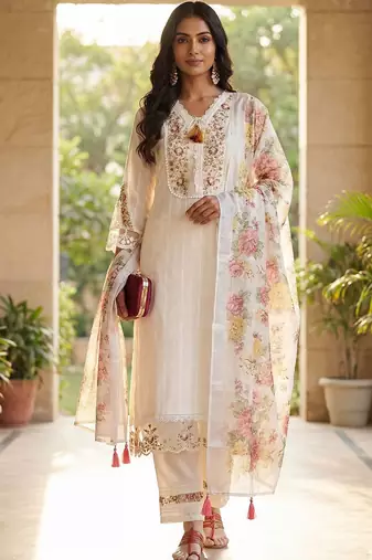 Women Floral Embroidered Regular Thread Work Linen Kurta with Trousers & With Dupatta