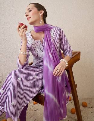 Floral Embroidered Round Neck Pure Cotton Straight Kurta With Trousers & Dupatta 1