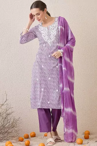Floral Embroidered Round Neck Pure Cotton Straight Kurta With Trousers & Dupatta