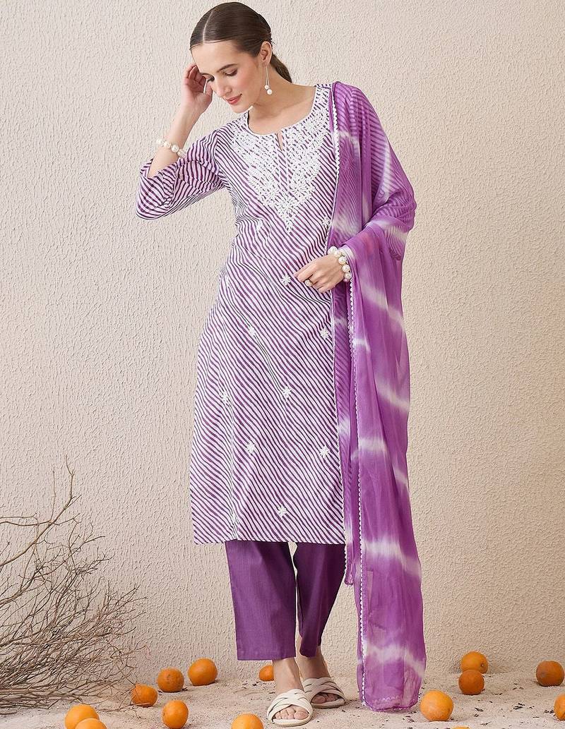 Floral Embroidered Round Neck Pure Cotton Straight Kurta With Trousers & Dupatta
