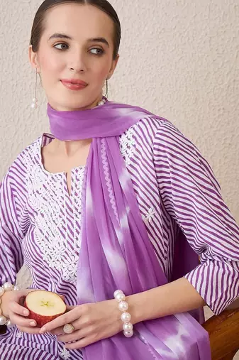 Floral Embroidered Round Neck Pure Cotton Straight Kurta With Trousers & Dupatta