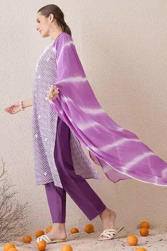 Floral Embroidered Round Neck Pure Cotton Straight Kurta With Trousers & Dupatta