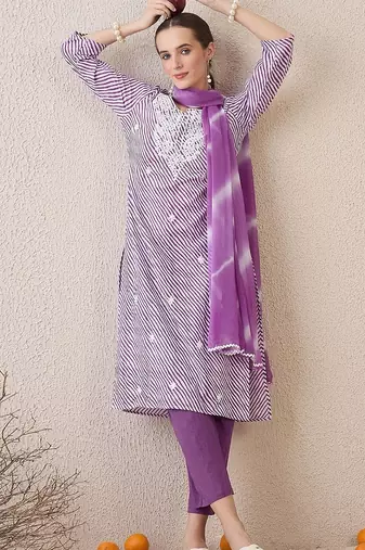 Floral Embroidered Round Neck Pure Cotton Straight Kurta With Trousers & Dupatta