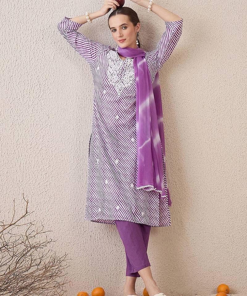 Floral Embroidered Round Neck Pure Cotton Straight Kurta With Trousers & Dupatta
