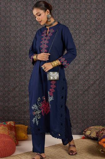 Women Ethnic Motifs Embroidered Regular Thread Work  Cotton Kurta with Trousers