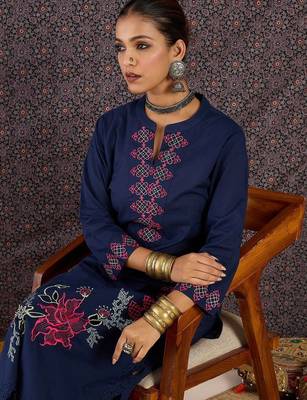 Women Ethnic Motifs Embroidered Regular Thread Work Pure Cotton Kurta with Trousers 3