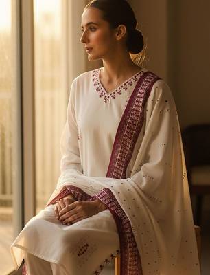 Embroidered V-Neck Thread Work Pure Cotton Straight Kurta With Trousers & Dupatta 1
