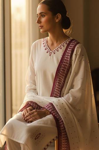 Embroidered V-Neck Thread Work  Cotton Straight Kurta With Trousers & Dupatta