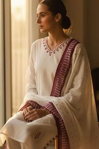 Embroidered V-Neck Thread Work Pure Cotton Straight Kurta With Trousers & Dupatta
