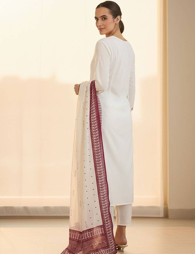Embroidered V-Neck Thread Work Pure Cotton Straight Kurta With Trousers & Dupatta