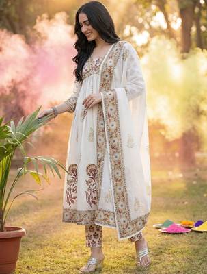 Women Floral Printed Regular Pure Cotton Kurta with Trousers & With Dupatta 6