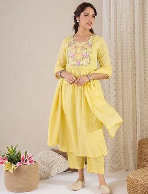 Women Floral Embroidered Panelled Mirror Work Pure Cotton Kurta with Trousers & With Dupatta 1