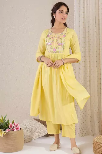 Women Floral Embroidered Panelled Mirror Work Pure Cotton Kurta with Trousers & With Dupatta