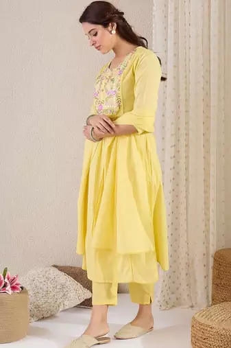 Women Floral Embroidered Panelled Mirror Work Pure Cotton Kurta with Trousers & With Dupatta