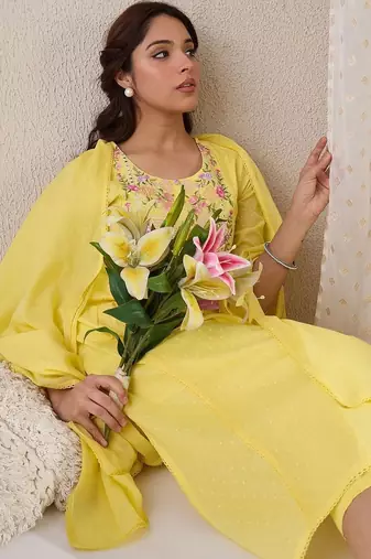 Women Floral Embroidered Panelled Mirror Work Pure Cotton Kurta with Trousers & With Dupatta