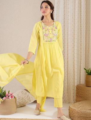 Women Floral Embroidered Panelled Mirror Work Pure Cotton Kurta with Trousers & With Dupatta 4