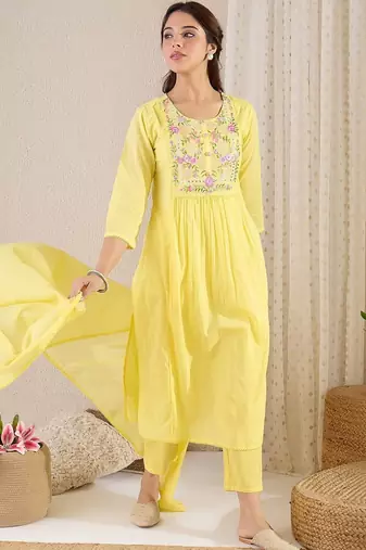 Women Floral Embroidered Panelled Mirror Work Pure Cotton Kurta with Trousers & With Dupatta
