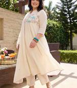 Plus Size Off White Embroidered Anarkali Kurta Trousers With Dupatta Set