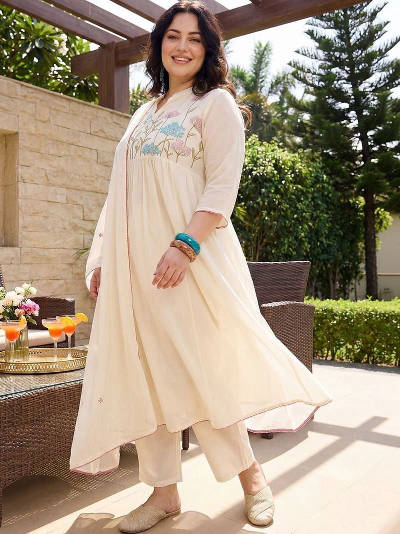 Plus Size Off White Embroidered Anarkali Kurta Trousers With Dupatta Set