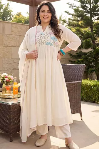 Plus Size Off White Embroidered Anarkali Kurta Trousers With Dupatta Set