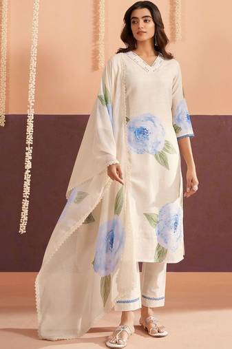 Women Floral Printed Regular Sequinned Linen Kurta with Trousers & With Dupatta