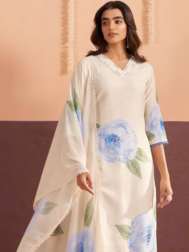 Women Floral Printed Regular Sequinned Linen Kurta with Trousers & With Dupatta
