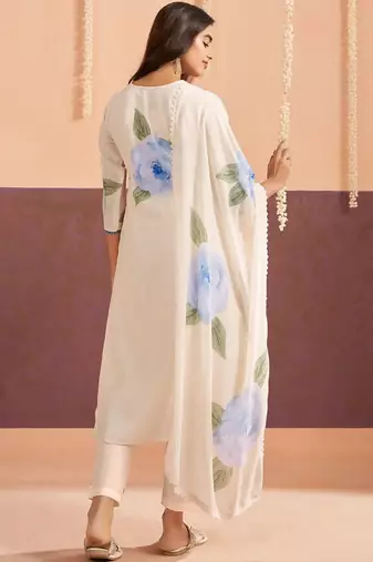 Women Floral Printed Regular Sequinned Linen Kurta with Trousers & With Dupatta