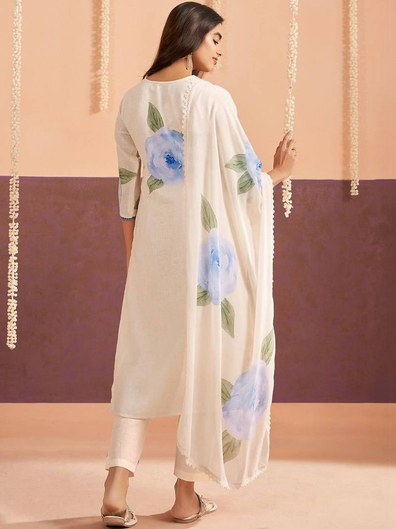 Women Floral Printed Regular Sequinned Linen Kurta with Trousers & With Dupatta