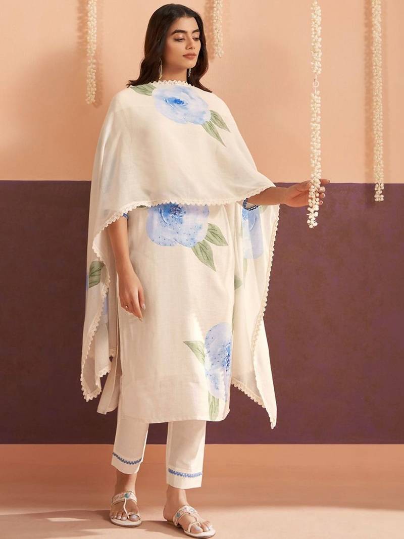 Women Floral Printed Regular Sequinned Linen Kurta with Trousers & With Dupatta