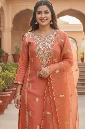 Floral Embroidered Thread Work Straight Kurta With Trousers & Dupatta