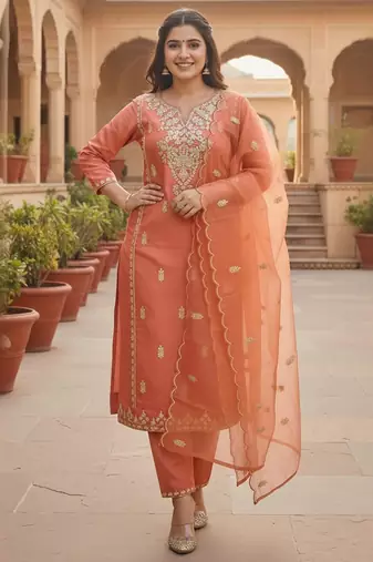Floral Embroidered Thread Work Straight Kurta With Trousers & Dupatta