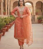 Floral Embroidered Thread Work Straight Kurta With Trousers & Dupatta