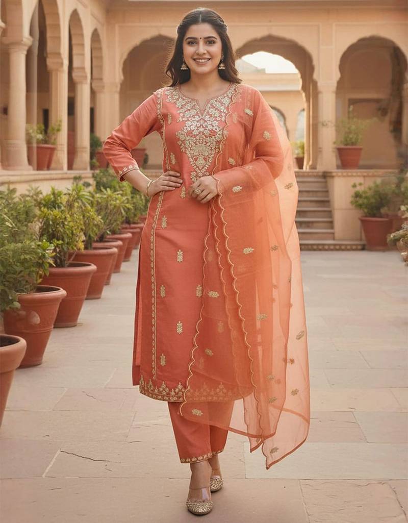 Floral Embroidered Thread Work Straight Kurta With Trousers & Dupatta