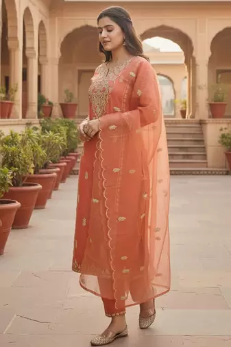 Floral Embroidered Thread Work Straight Kurta With Trousers & Dupatta