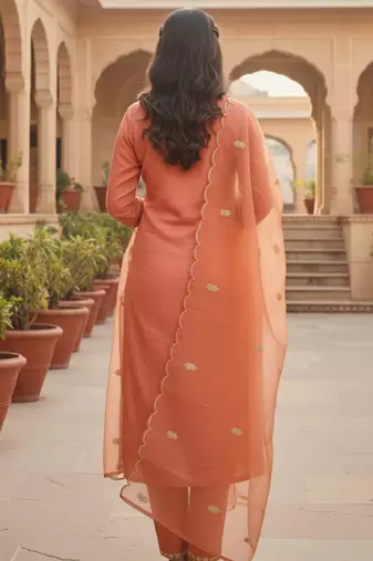 Floral Embroidered Thread Work Straight Kurta With Trousers & Dupatta