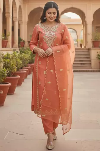 Floral Embroidered Thread Work Straight Kurta With Trousers & Dupatta