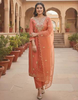 Floral Embroidered Thread Work Straight Kurta With Trousers & Dupatta 6