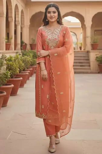 Floral Embroidered Thread Work Straight Kurta With Trousers & Dupatta