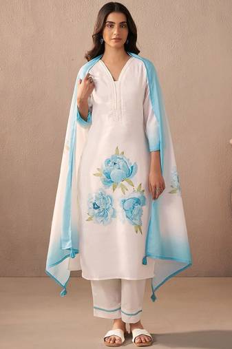 Women Floral Printed Regular Sequinned Linen Kurta with Trousers & With Dupatta
