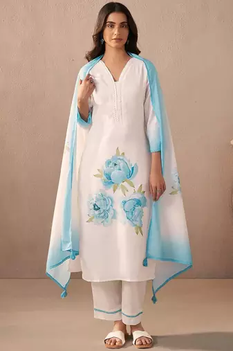 Women Floral Printed Regular Sequinned Linen Kurta with Trousers & With Dupatta