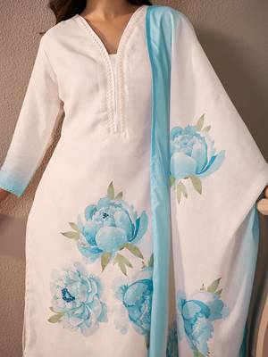 Women Floral Printed Regular Sequinned Linen Kurta with Trousers & With Dupatta 2