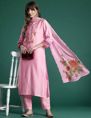Floral Embroidered Thread Work Kurta with Trousers & With Dupatta 1