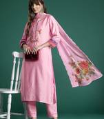 Floral Embroidered Thread Work Kurta with Trousers & With Dupatta