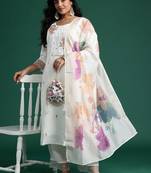 Plus Size Embroidered Regular Mirror Work Kurta with Trousers & With Dupatta