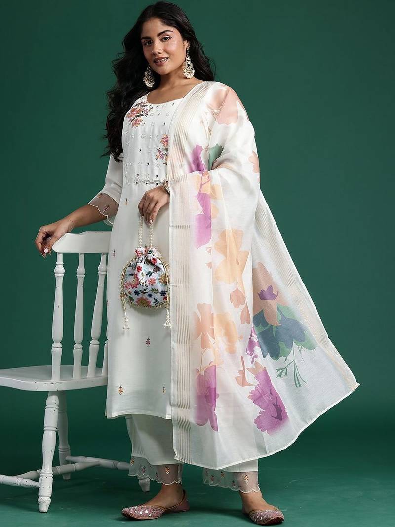 Plus Size Embroidered Regular Mirror Work Kurta with Trousers & With Dupatta