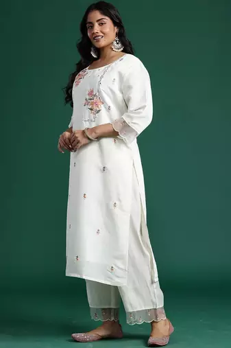 Plus Size Embroidered Regular Mirror Work Kurta with Trousers & With Dupatta